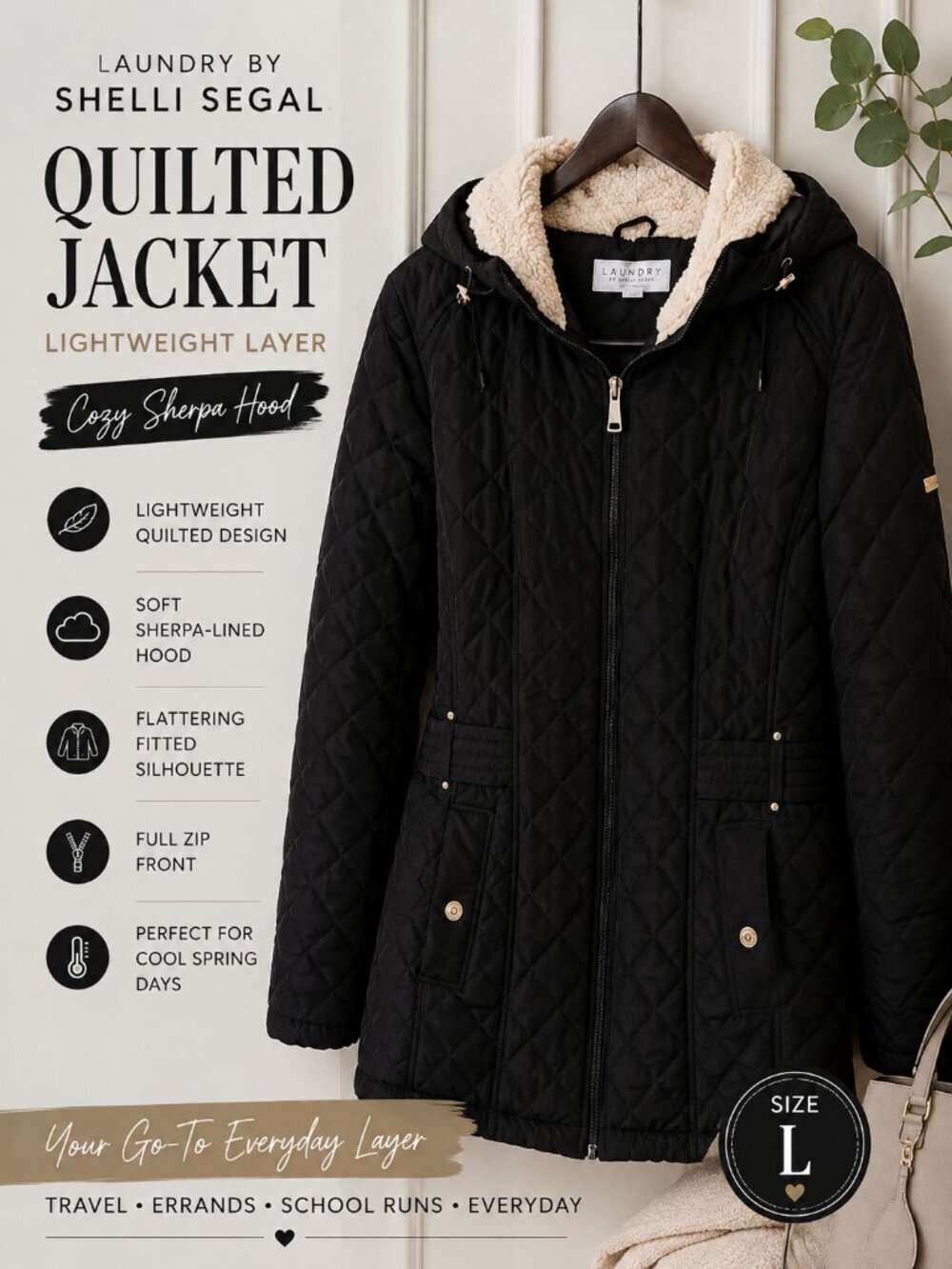 Laundry by Shelli Segal Black Quilted Lightweight Sherpa Hood Jacket Size L
